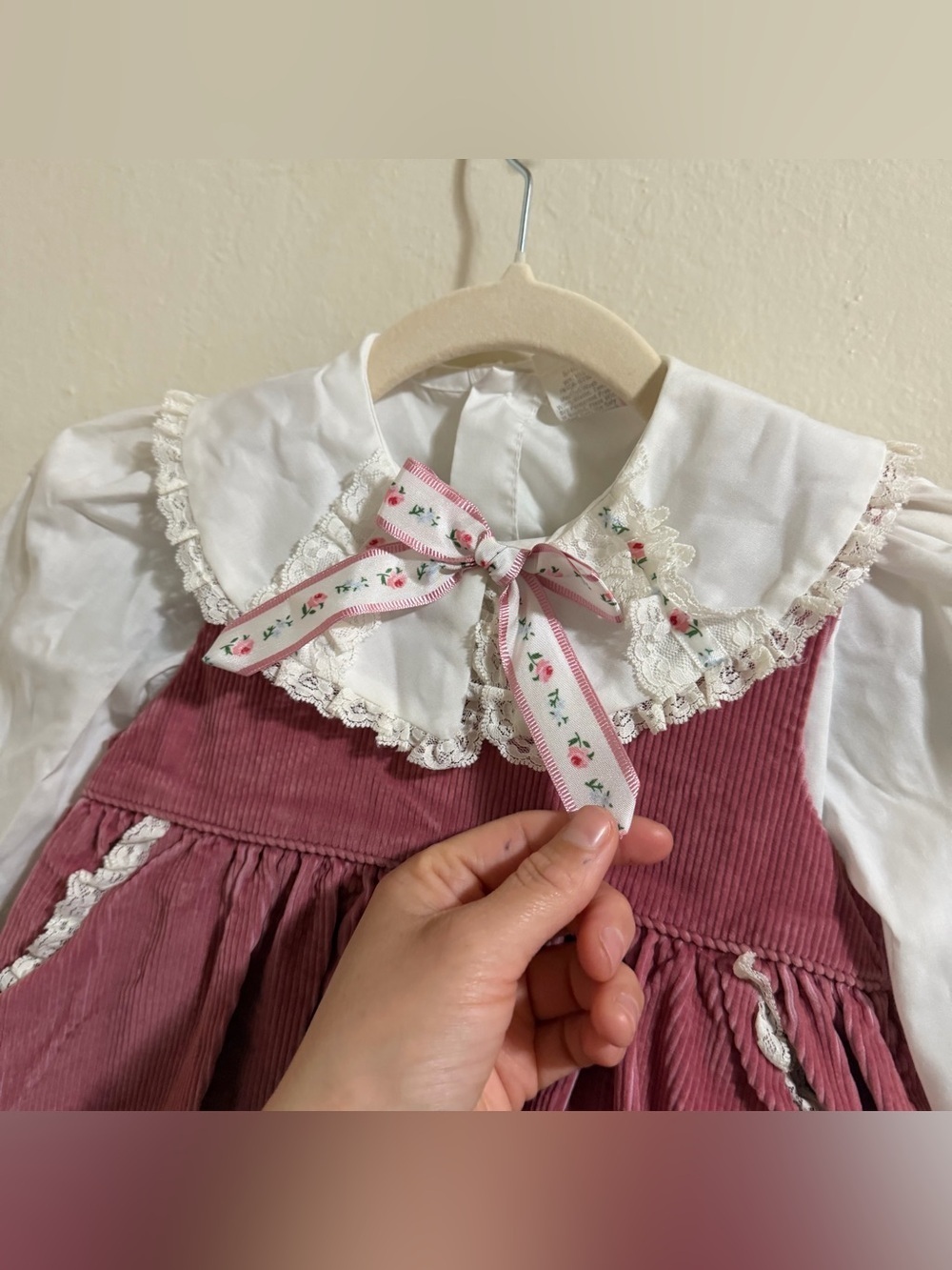 Vintage Toddler Girl 2-Piece Set Rose Pink Corduroy Pinafore & Lace Blouse 3T - Picture 5 of 14